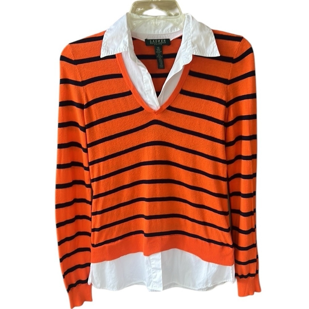 Lauren Ralph Lauren Petite Small Layered Look Sweater Navy Orange Stripe